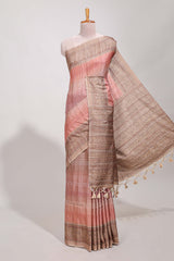 Peach semi tussar saree all hand work embroidery with contrast border and contrast printed printed pallu