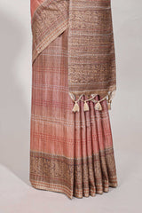 Peach semi tussar saree all hand work embroidery with contrast border and contrast printed printed pallu