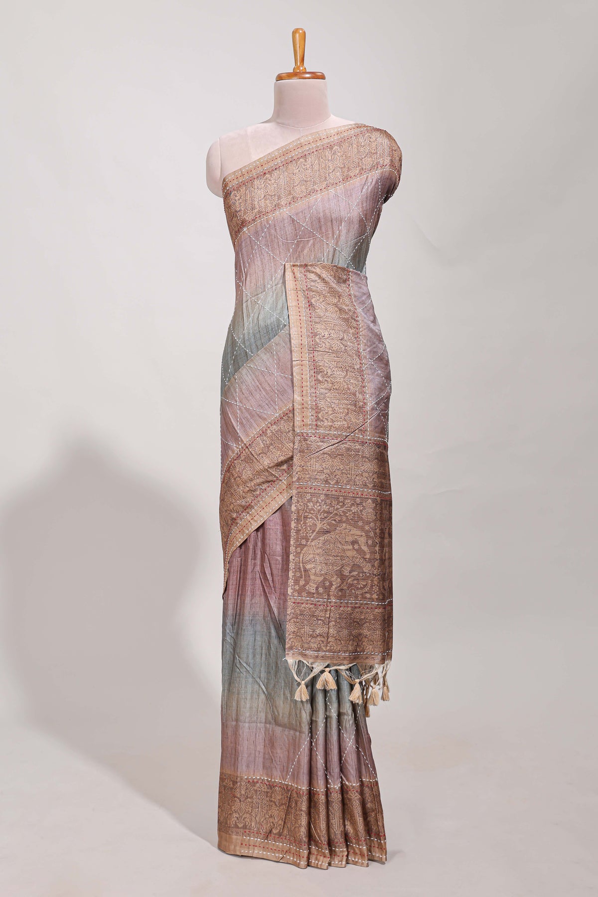 Mauve shade semi tussar saree all hand work embroidery with contrast border and contrast printed printed pallu