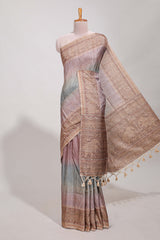 Mauve shade semi tussar saree all hand work embroidery with contrast border and contrast printed printed pallu
