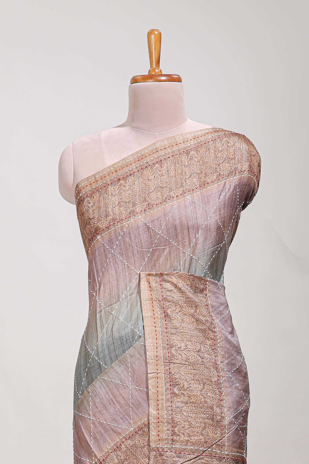 Mauve shade semi tussar saree all hand work embroidery with contrast border and contrast printed printed pallu