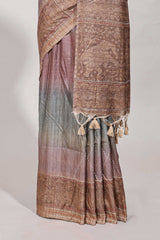 Mauve shade semi tussar saree all hand work embroidery with contrast border and contrast printed printed pallu