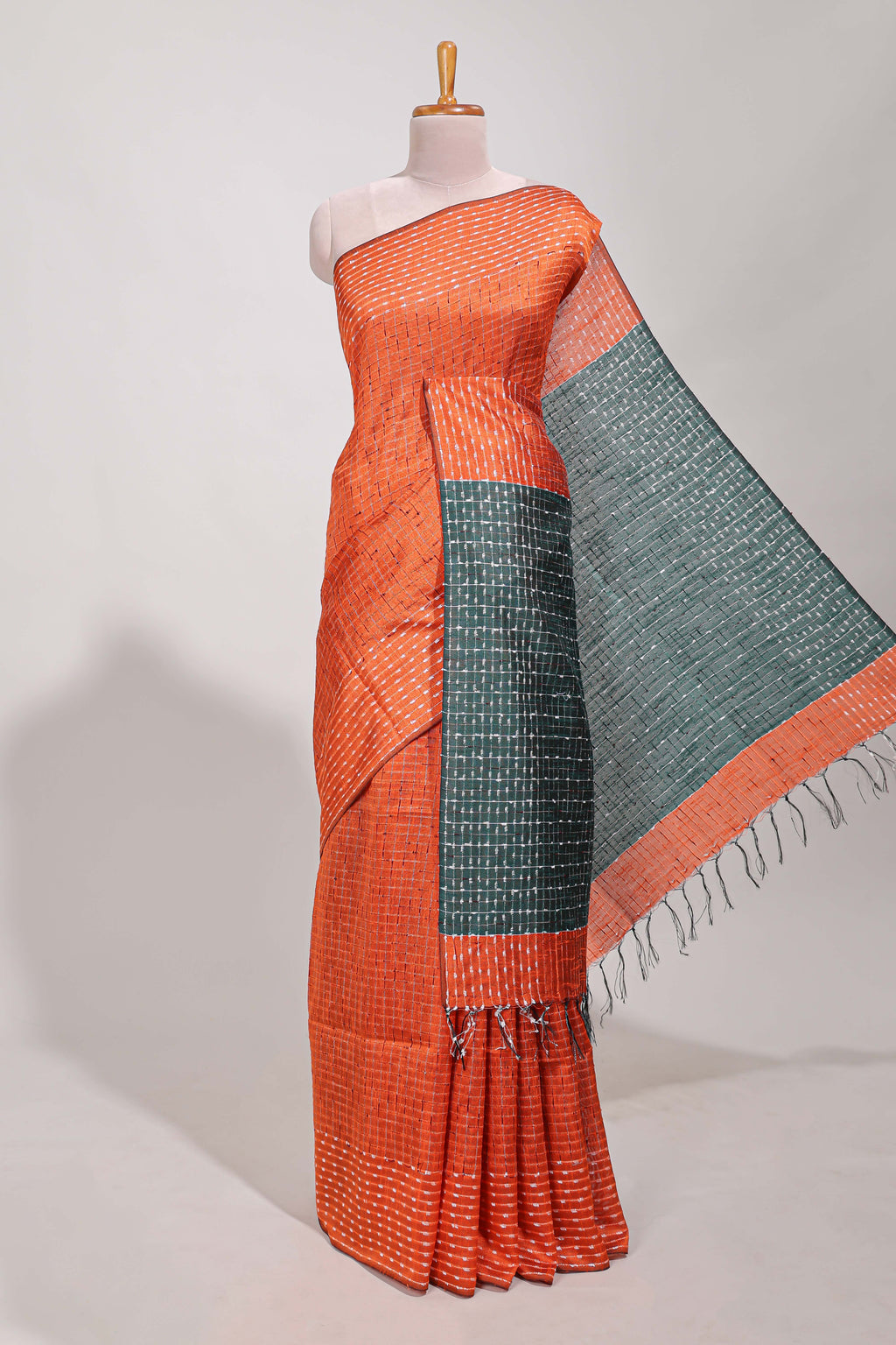 Orange semi tussar saree all  embroidery work with contrast thread work pallu and contrast blouse