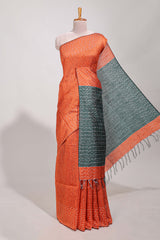 Orange semi tussar saree allembroidery work with contrast thread work pallu and contrast blouse