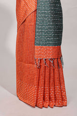 Orange semi tussar saree allembroidery work with contrast thread work pallu and contrast blouse