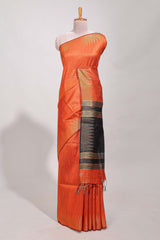 Orange semi tussar saree allzariwork with zaritemple border and contrast blouse