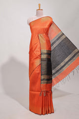 Orange semi tussar saree allzariwork with zaritemple border and contrast blouse