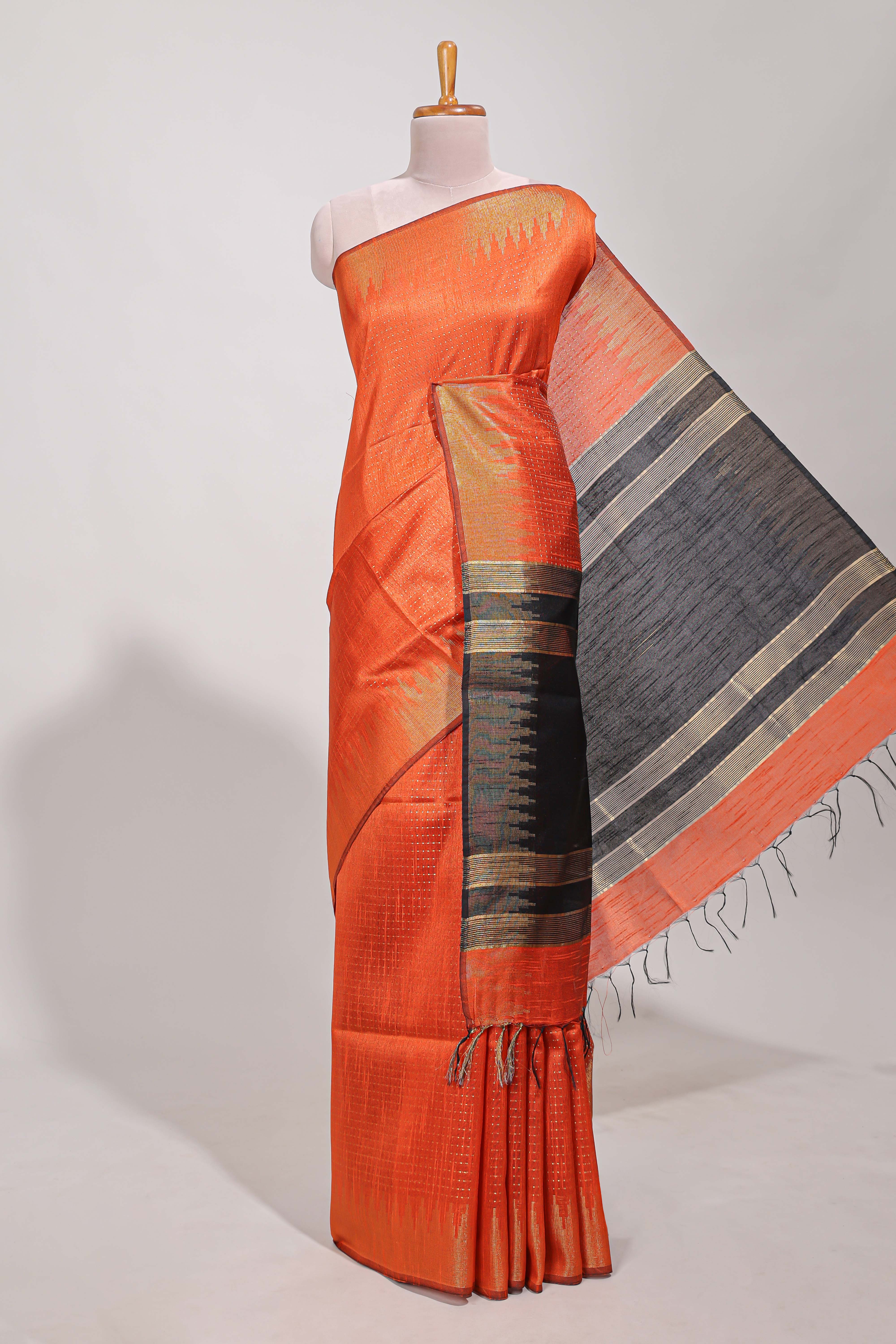 Orange semi tussar saree allzariwork with zaritemple border and contrast blouse