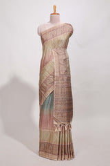 Champagne Beige shade semi tussar saree all hand work embroidery with contrast border and contrast printed printed pallu