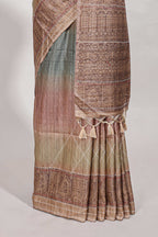 Champagne Beige shade semi tussar saree all hand work embroidery with contrast border and contrast printed printed pallu