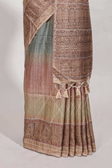 Champagne Beige shade semi tussar saree all hand work embroidery with contrast border and contrast printed printed pallu