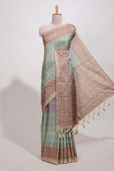 Turkish blue shade semi tussar saree all hand work embroidery with contrast border and contrast printed printed pallu