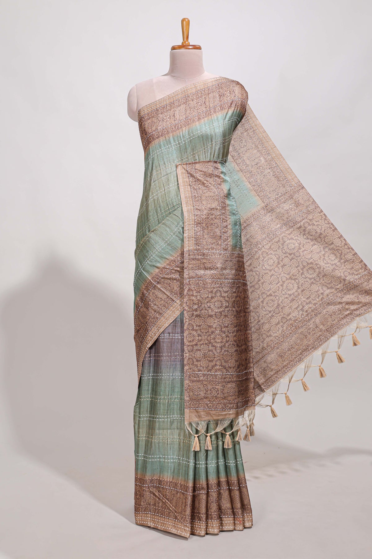 Turkish blue shade semi tussar saree all hand work embroidery with contrast border and contrast printed printed pallu
