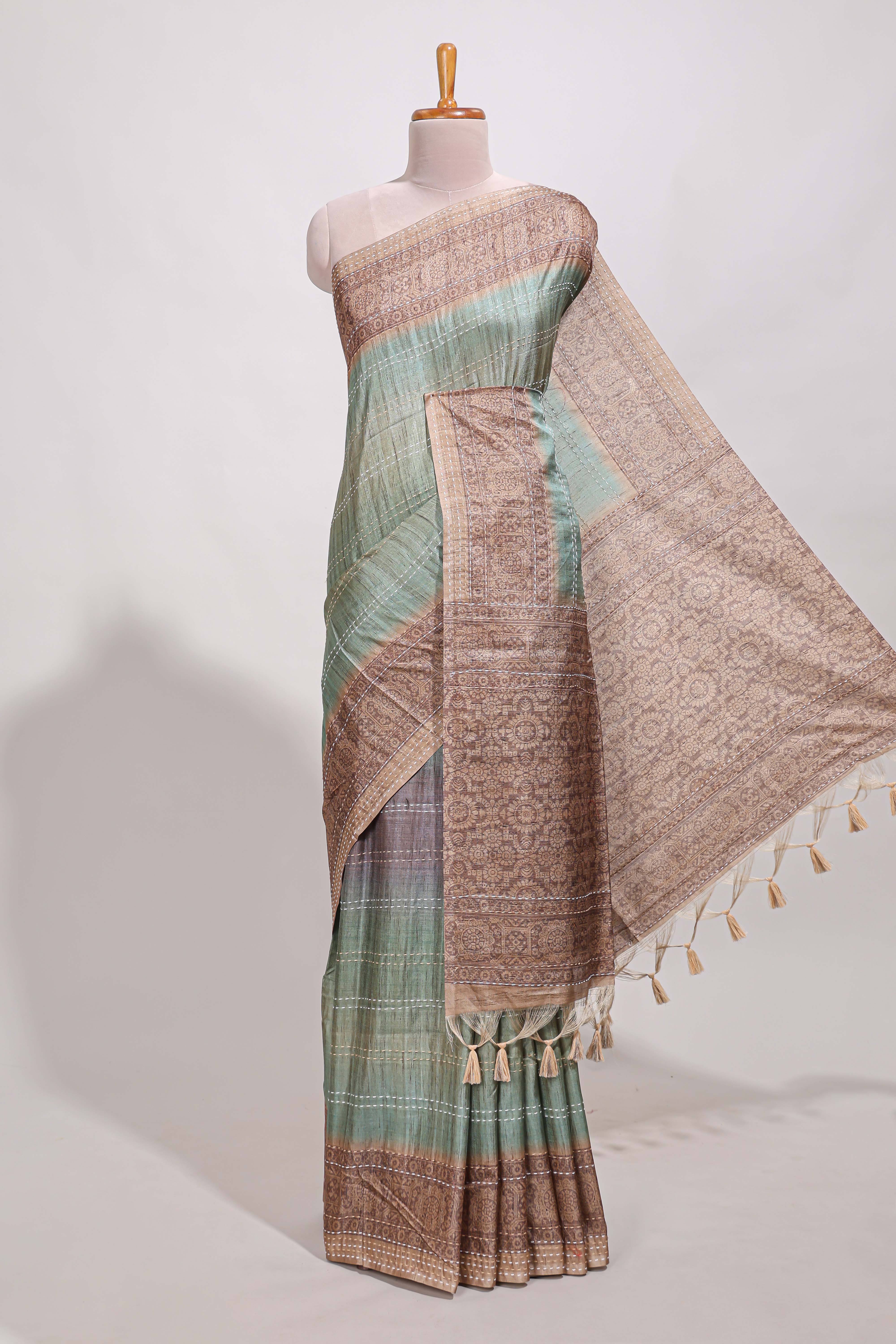 Turkish blue shade semi tussar saree all hand work embroidery with contrast border and contrast printed printed pallu