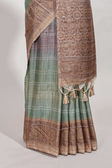 Turkish blue shade semi tussar saree all hand work embroidery with contrast border and contrast printed printed pallu