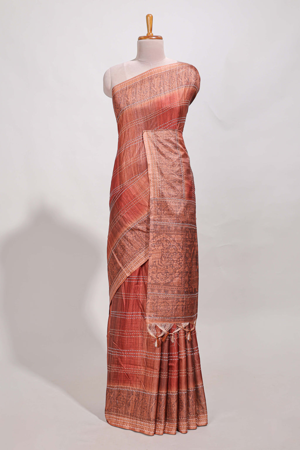 Brick Red shade semi tussar saree all hand work embroidery with contrast border and contrast printed printed pallu