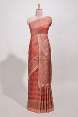 Brick Red shade semi tussar saree all hand work embroidery with contrast border and contrast printed printed pallu