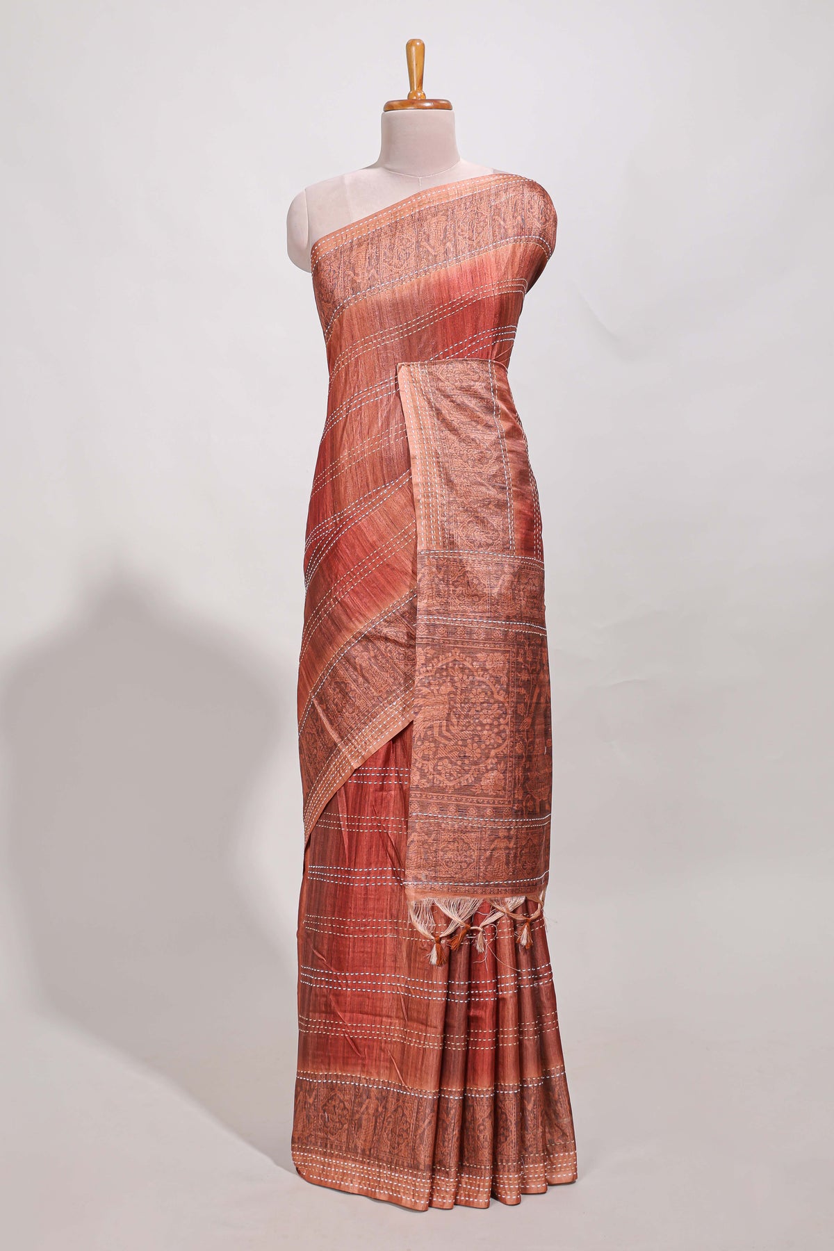 Brick Red shade semi tussar saree all hand work embroidery with contrast border and contrast printed printed pallu