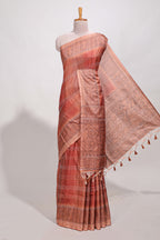 Brick Red shade semi tussar saree all hand work embroidery with contrast border and contrast printed printed pallu