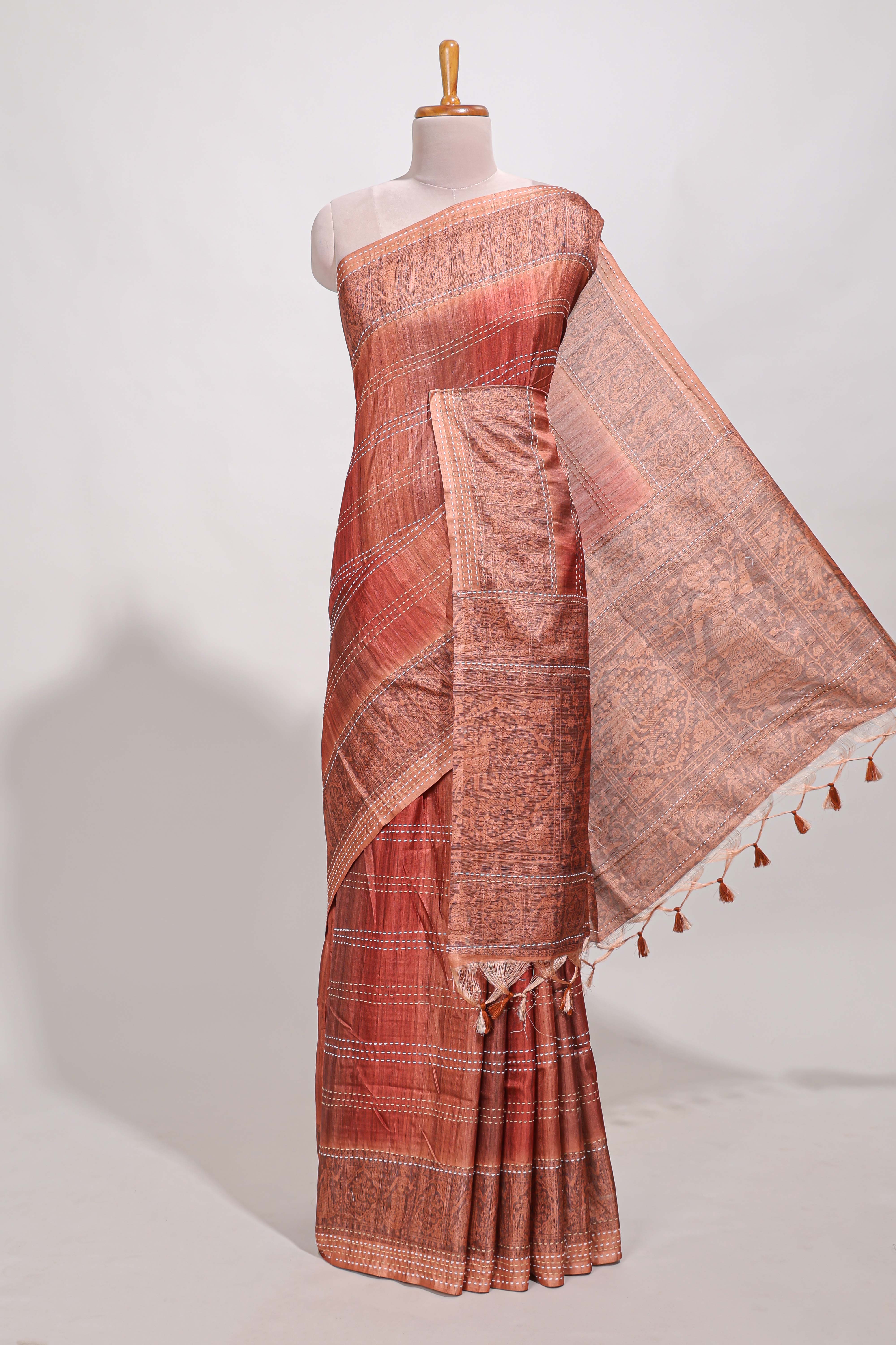 Brick Red shade semi tussar saree all hand work embroidery with contrast border and contrast printed printed pallu