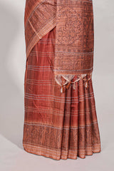 Brick Red shade semi tussar saree all hand work embroidery with contrast border and contrast printed printed pallu