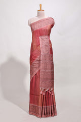 Red shade semi tussar saree all hand work embroidery with contrast border and contrast printed printed pallu
