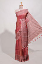 Red shade semi tussar saree all hand work embroidery with contrast border and contrast printed printed pallu