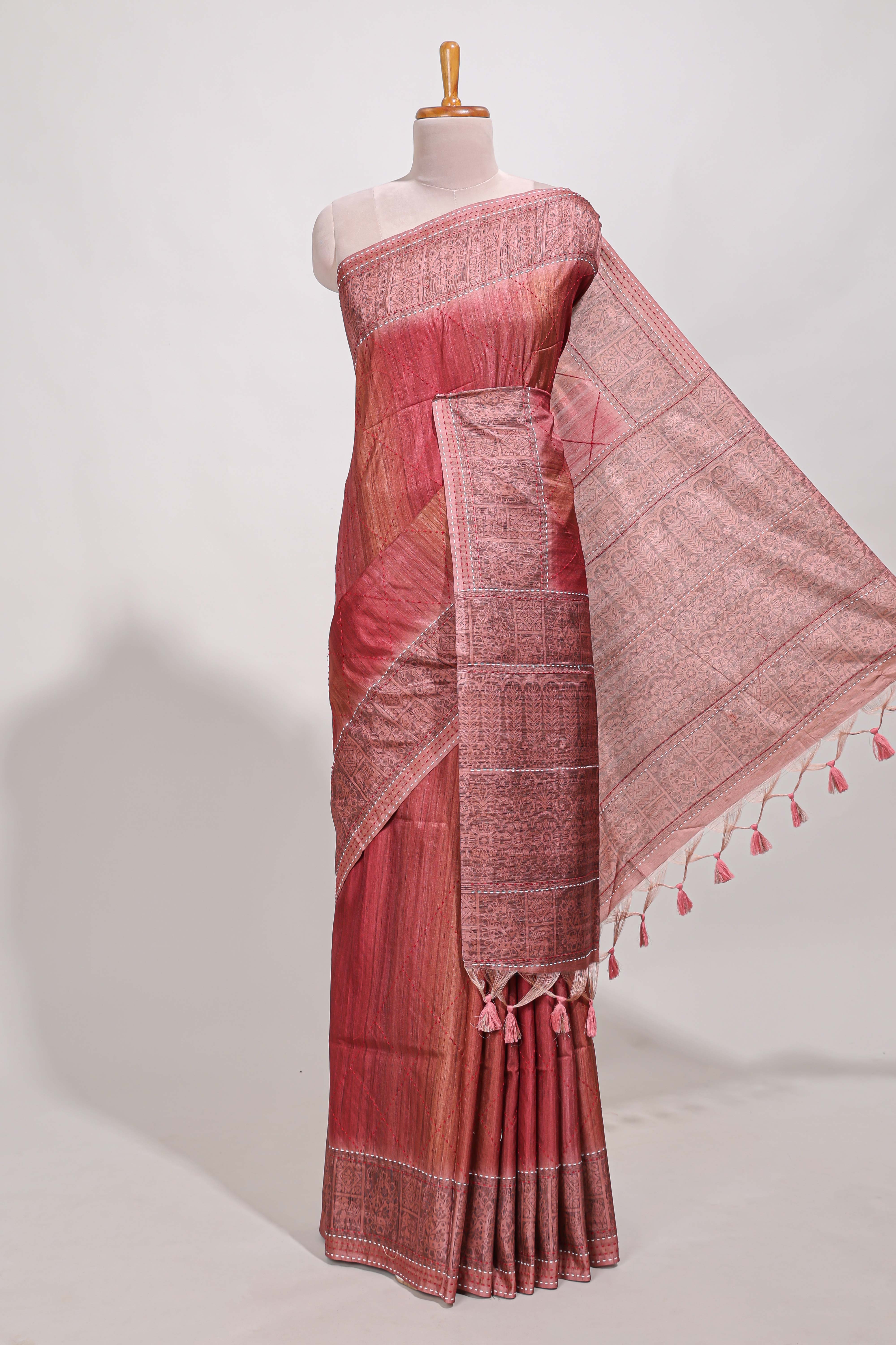 Red shade semi tussar saree all hand work embroidery with contrast border and contrast printed printed pallu
