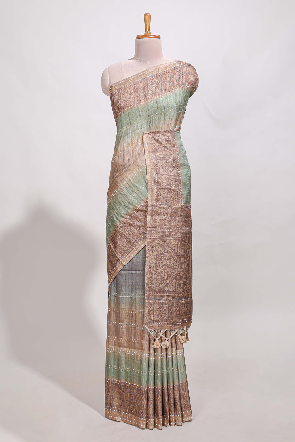 Powder green shade semi tussar saree all hand work embroidery with contrast border and contrast printed printed pallu