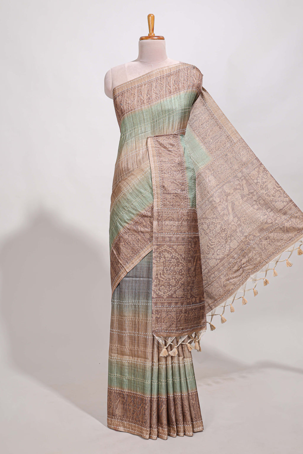 Powder green shade semi tussar saree all hand work embroidery with contrast border and contrast printed printed pallu