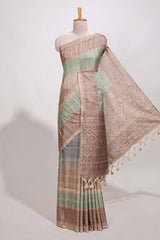 Powder green shade semi tussar saree all hand work embroidery with contrast border and contrast printed printed pallu