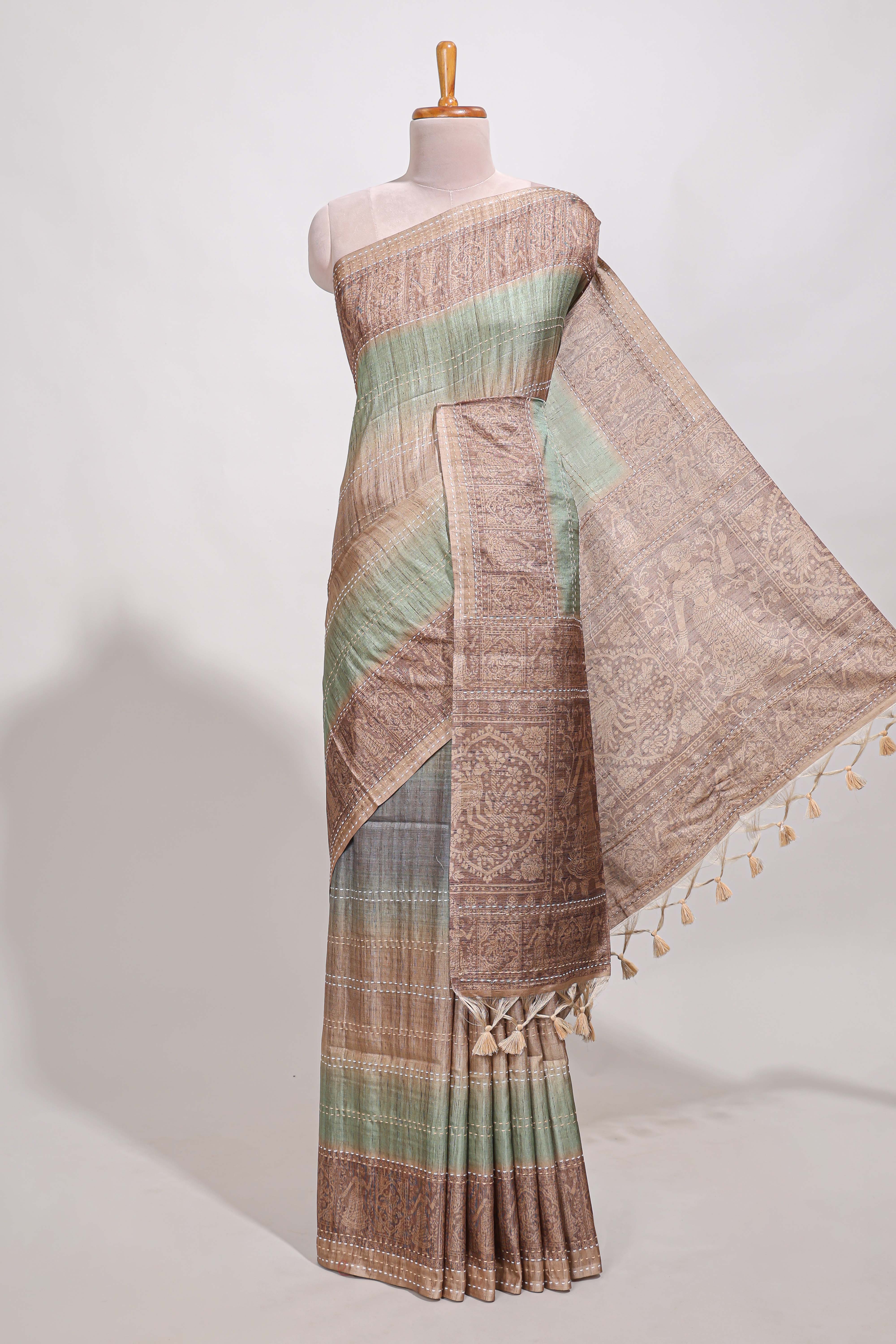 Powder green shade semi tussar saree all hand work embroidery with contrast border and contrast printed printed pallu