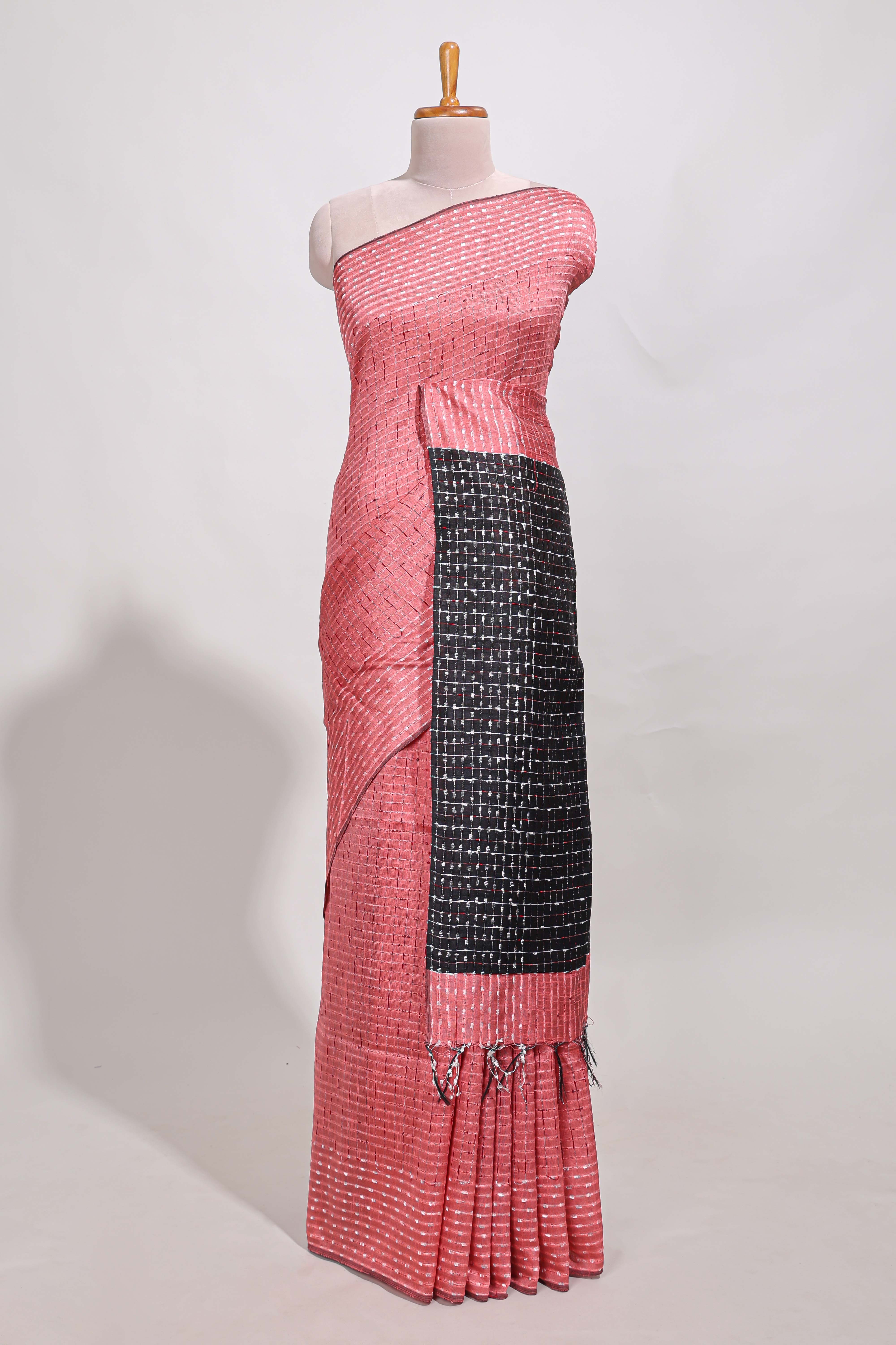 Pink semi tussar saree allembroidery work with contrast thread work pallu and contrast blouse