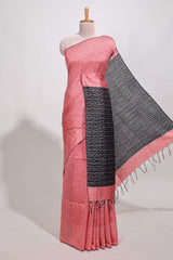 Pink semi tussar saree allembroidery work with contrast thread work pallu and contrast blouse
