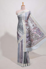 Multi colour kalamakri tussar sareewith floral creeper prints zari border and kalamkari peacock motif print pallu