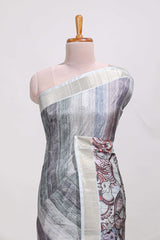 Multi colour kalamakri tussar sareewith floral creeper prints zari border and kalamkari peacock motif print pallu