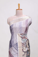 kalamakri semi tussar sareewith floral creeper prints zari border and kalamkari peacock motif print pallu