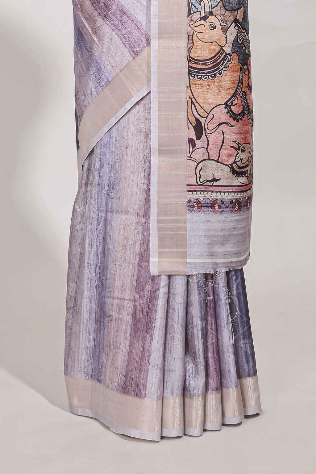 kalamakri semi tussar saree  with floral creeper prints zari border and kalamkari peacock motif print pallu