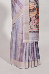 kalamakri semi tussar sareewith floral creeper prints zari border and kalamkari peacock motif print pallu