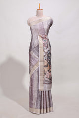 kalamakri arttussar sareewith floral creeper prints zari border and kalamkari peacock motif print pallu