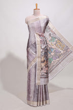 kalamakri art  tussar saree  with floral creeper prints zari border and kalamkari peacock motif print pallu