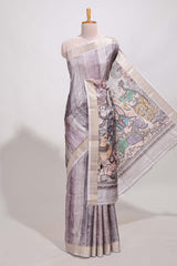 kalamakri arttussar sareewith floral creeper prints zari border and kalamkari peacock motif print pallu