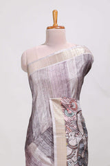 kalamakri arttussar sareewith floral creeper prints zari border and kalamkari peacock motif print pallu