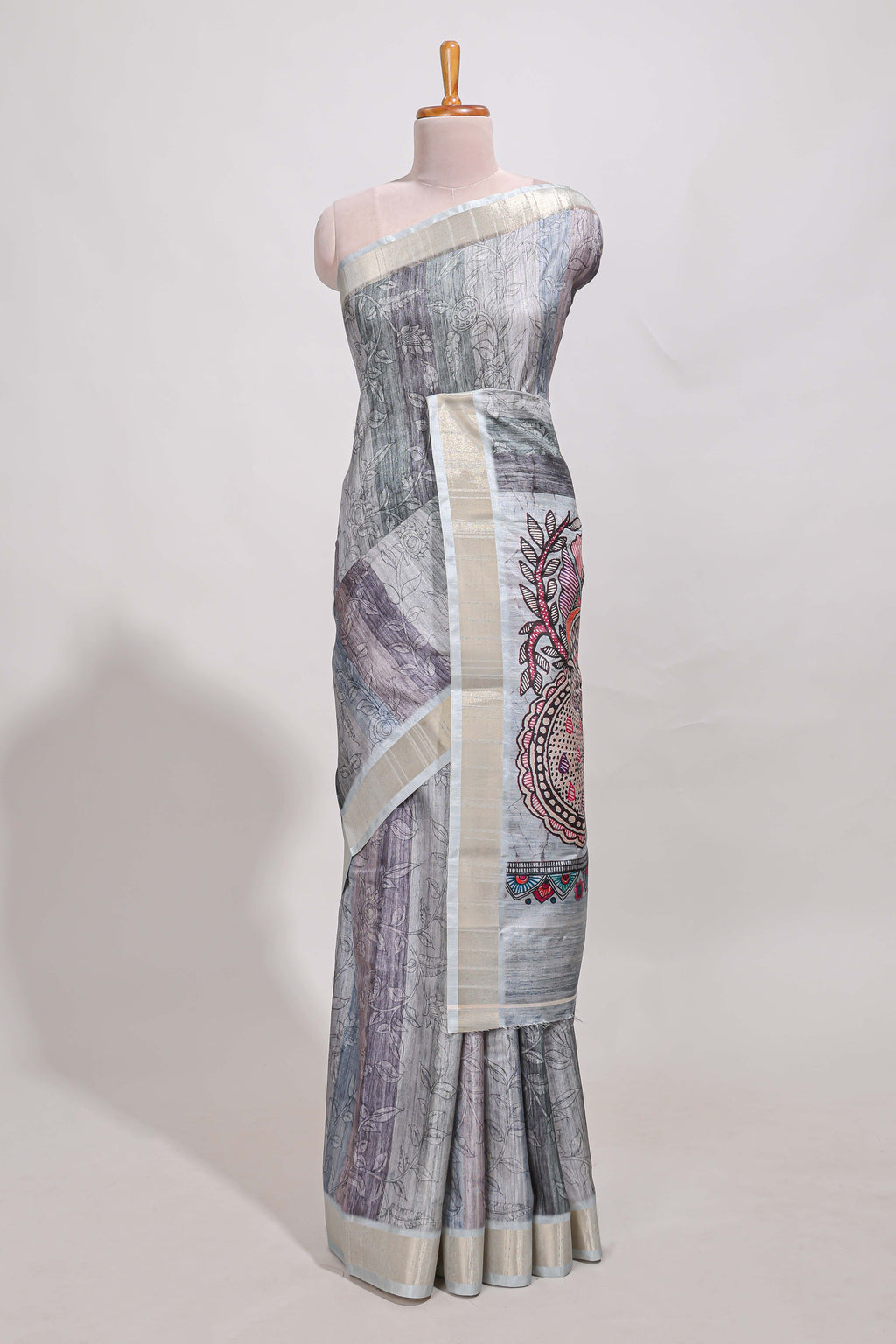 Multicolor kalamakri art  tussar saree  with floral creeper prints zari border and kalamkari peacock motif print pallu
