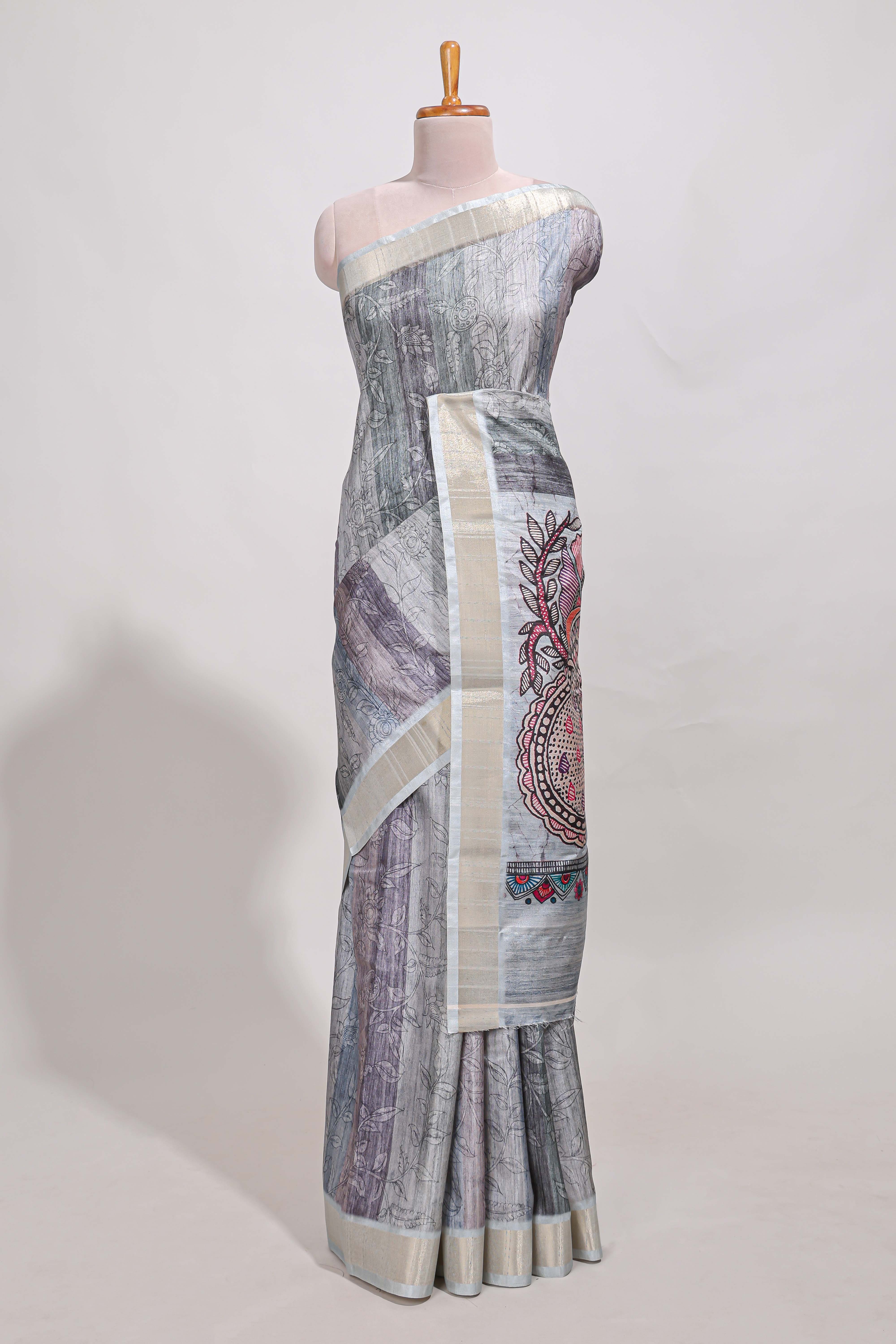 Green kalamakri arttussar sareewith floral creeper prints zari border and kalamkari peacock motif print pallu
