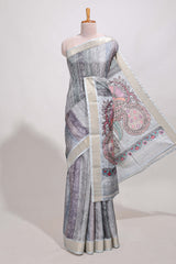 Green kalamakri arttussar sareewith floral creeper prints zari border and kalamkari peacock motif print pallu