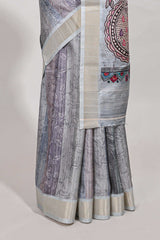 Green kalamakri arttussar sareewith floral creeper prints zari border and kalamkari peacock motif print pallu