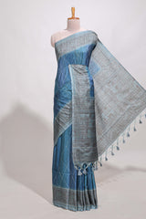 Ocean bluie semi tussar saree all over thread work and intricate floral border and pallu with contrast blouse
