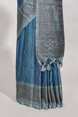 Ocean bluie semi tussar saree all over thread work and intricate floral border and pallu with contrast blouse