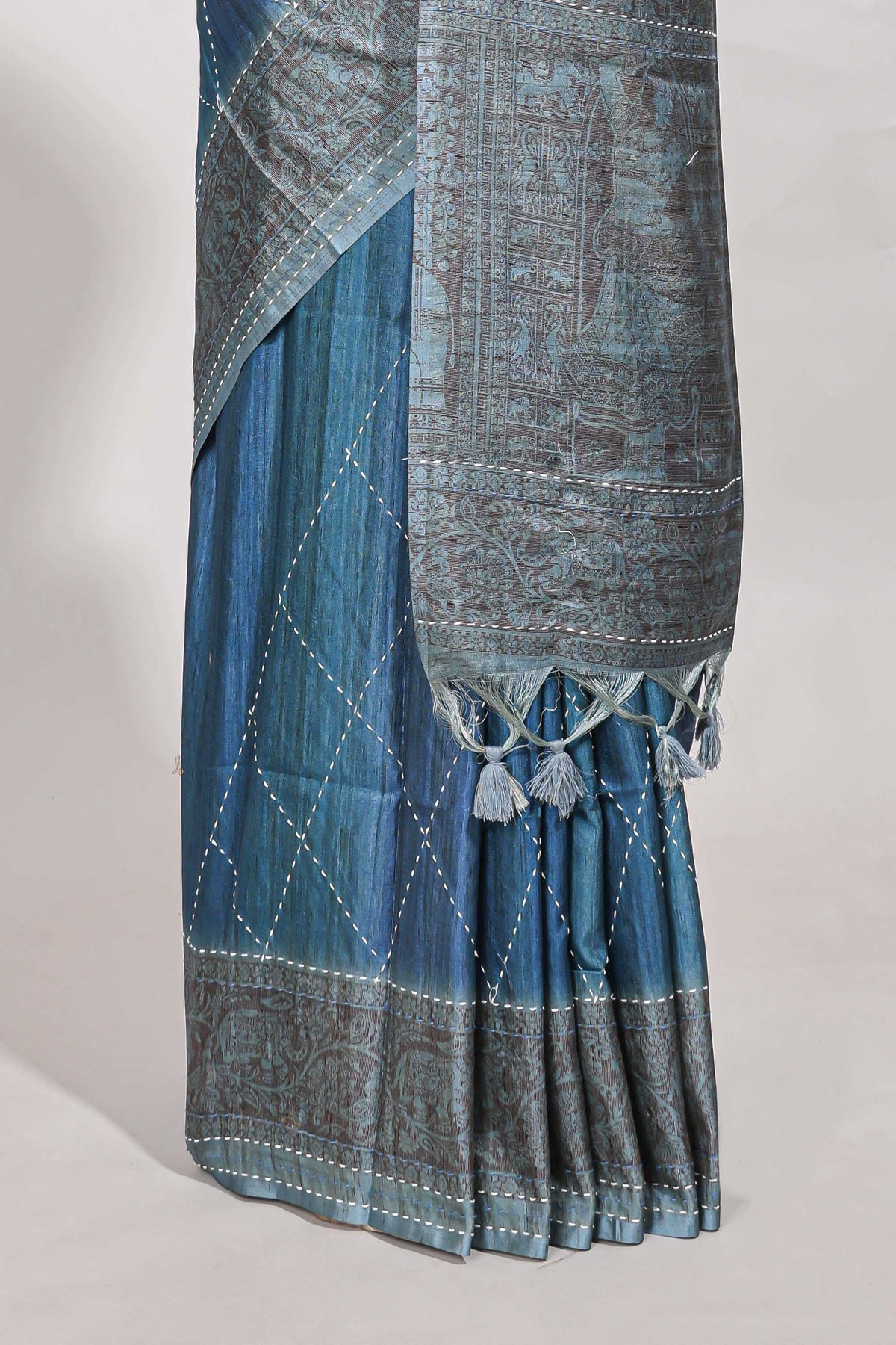 Ocean blue semi tussar saree all over thread work and intricate floral border and pallu with contrast blouse